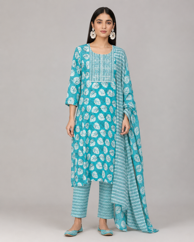 3-Piece Cotton Digital Print and Embroidery Kurti Set