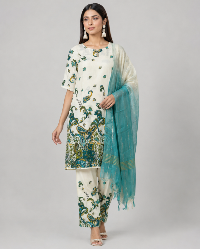 3 Piece Sage Botanical Printed Kurti Set