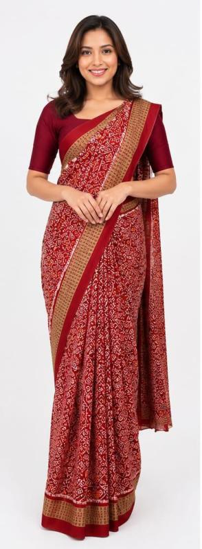 Bhagalpuri Silk Deep Red Digitel Print Saree With Blouse