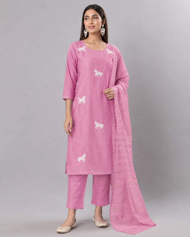 3 Piece Aqua Pearl Embroidered Pink Kurti Set