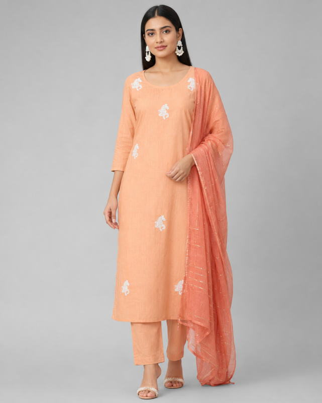 3 Piece Aqua Pearl Embroidered Coral Peach Kurti Set