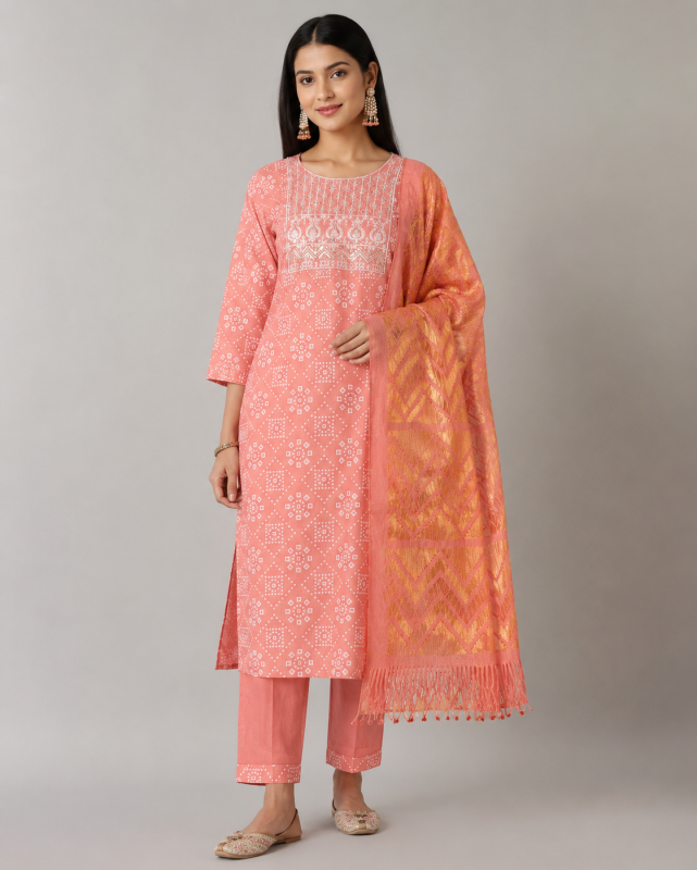 Bandhani Printed Straight Kurta with Yoke Embroidery
