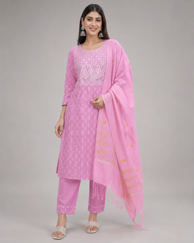 Pink Yoke Printed Straight Kurta