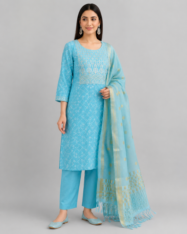 Blue Yoke Bandhani Printed Straight Kurta