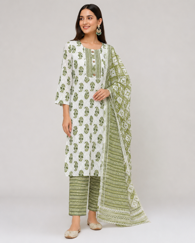 Olive Green Block Printed Kurta 