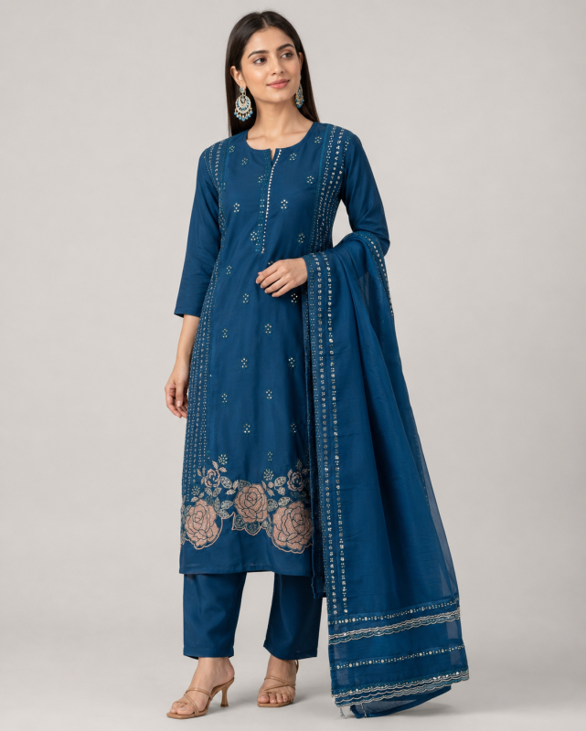 Floral Border Embroidered Straight Kurta