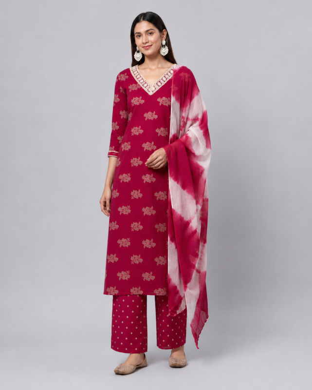 Magenta Floral Printed Kurta