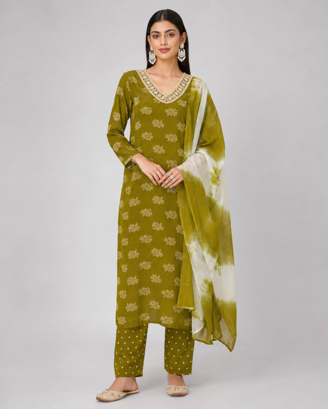 Olive Green Floral Printed  Kurta