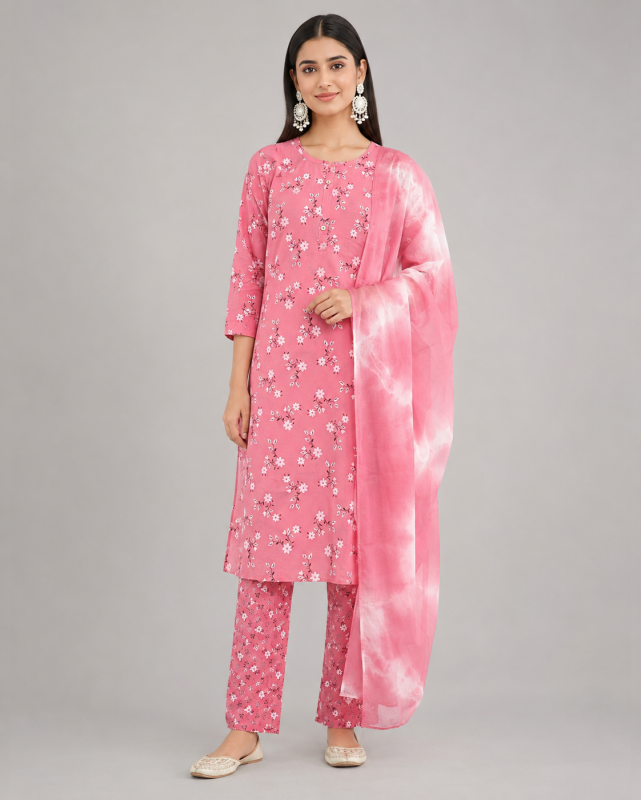 Rose Pink Floral  Straight Kurta