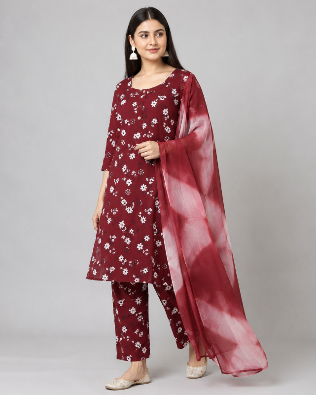 Maroon Ditsy Floral Straight Kurta