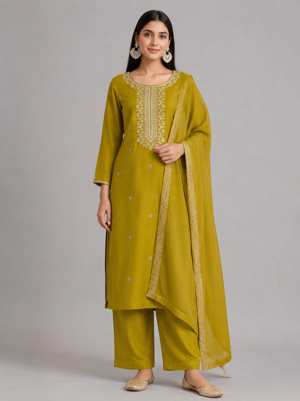 Olive Green Embroidered Kurta with Zari Butti