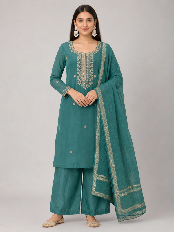 Teal Green Straight Kurta with Zari Butti