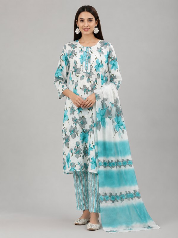 White with Turquoise Blue Kurta 