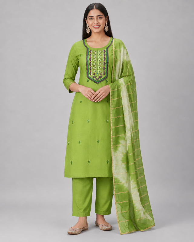Embroidered Parrot Green Kurta