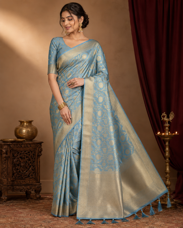 Satin Banarasi Silk Sky Blue Saree