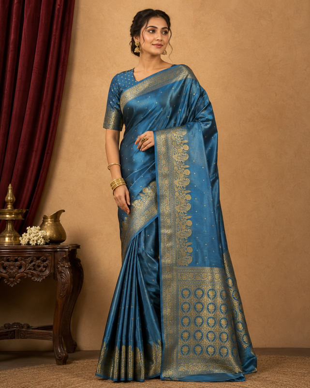 Satin Banarasi Silk Peacock Blue Saree