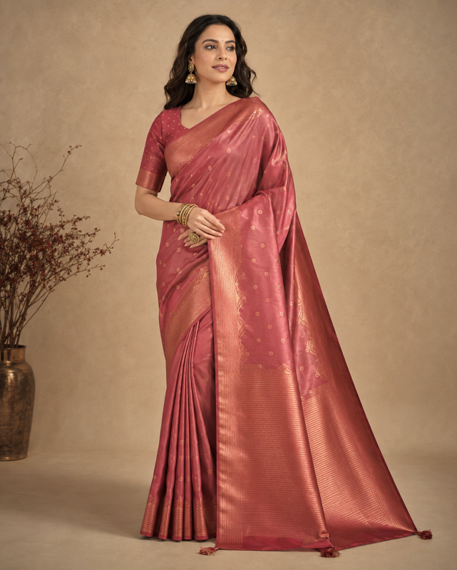 Satin Banarasi Silk Orange pink with golden sheen