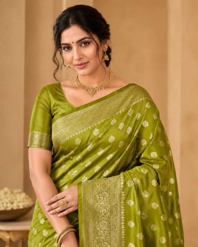 PARROT GREEN PURE SATIN BANARASI SILK SAREE