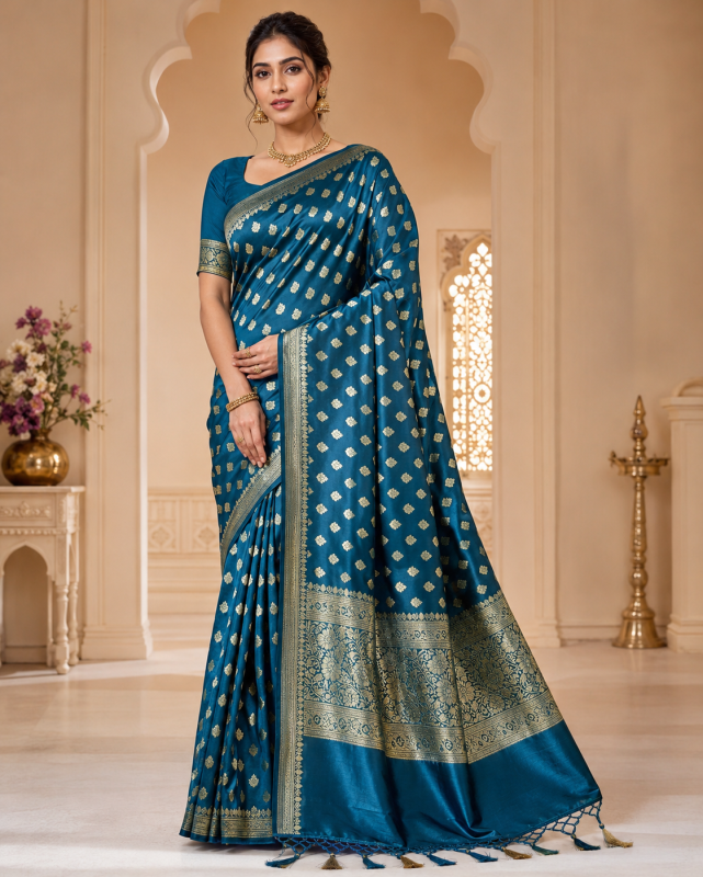 PEACOCK BLUE PURE SATIN BANARASI SILK SAREE