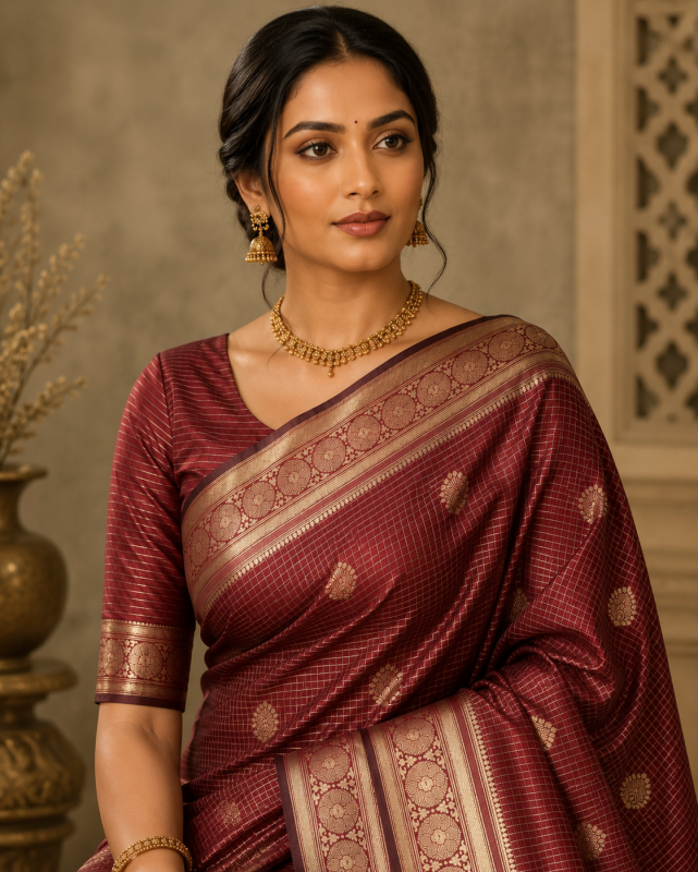 MAROON FANCY CHEKS JAQUARD SAREE