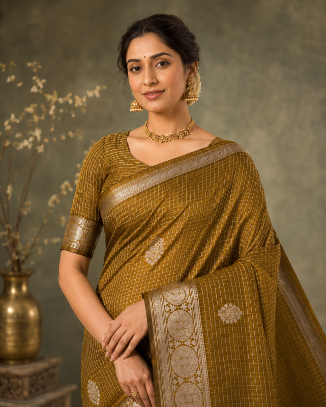 MEHEANDI GOLD FANCY CHEKS JAQUARD SAREE