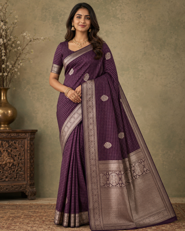  DEEP WINE PURPLE FANCY CHEKS JAQUARD SAREE