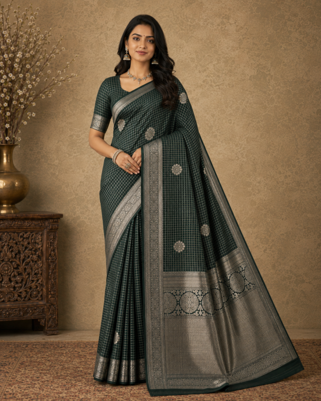  BOTTLE GREEN FANCY CHEKS JAQUARD SAREE