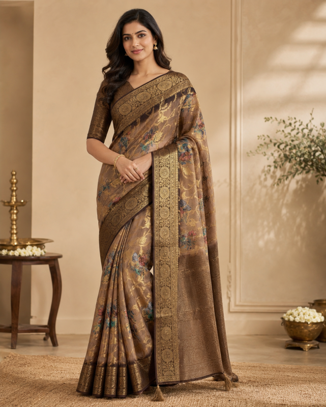 COPPER BROWN MULBERRY SILK DIGITAL PRINT SAREE