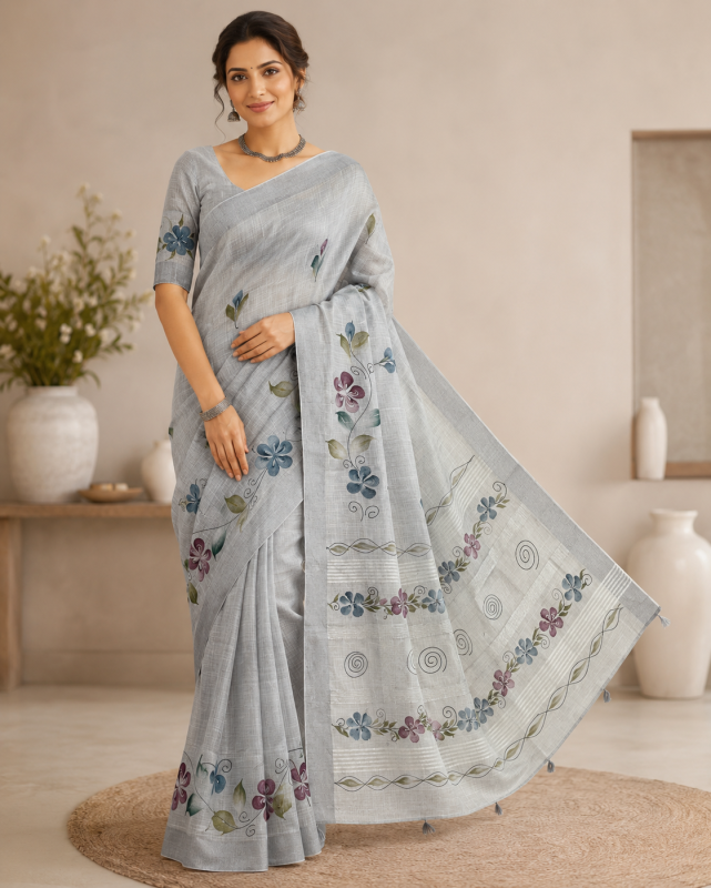  ASH GRAY LINEN COTTON DIGITAL PRINT SAREE 